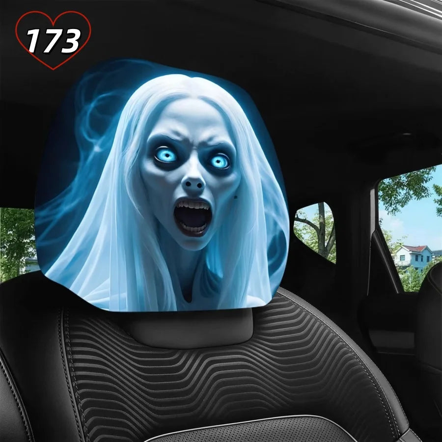 A car headrest cover featuring a glowing blue ghostly female face, shown installed on a car seat headrest. A red heart icon with the number 173 is in the top-left corner.