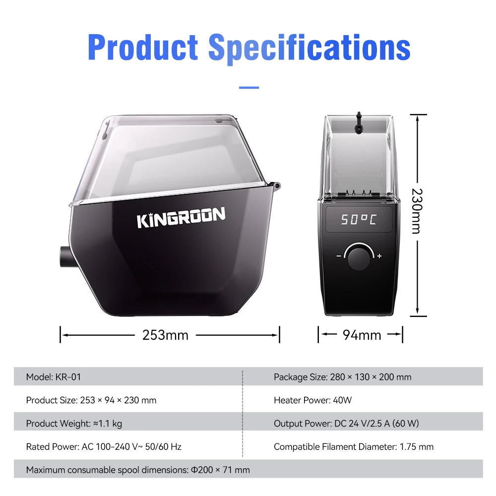 KINGROON KR-01 Filament Dryer Box for 3D Printer Filament, Filament Dry Box For PLA/PETG/TPU/ABS, Keep Filaments Dry 3D Printer Parts