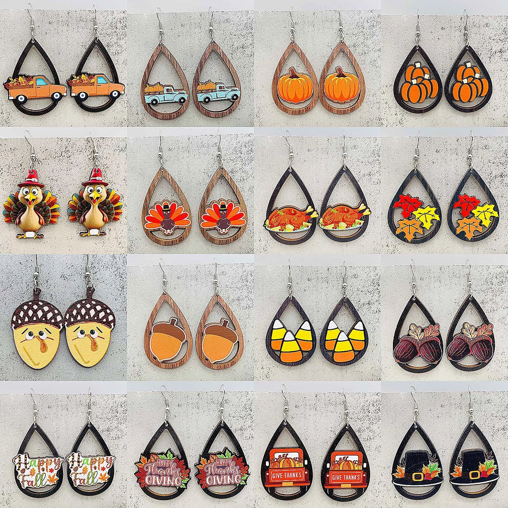 Thanksgiving Fall Earrings for Women Pumpkin Turkey Sunflower Wooden Teardrop Dangle Earrings Festival Gift for Women