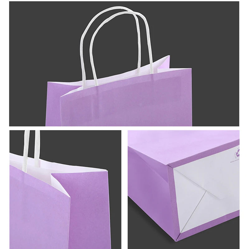 Collage of a purple gift bag with white handles on a black background
