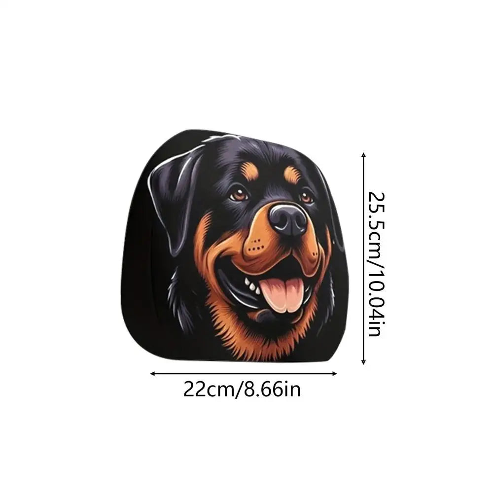 A square-shaped cushion or pillow featuring a printed Rottweiler dog face illustration, shown with dimension markers indicating 22cm by 25.5cm on a plain white background.