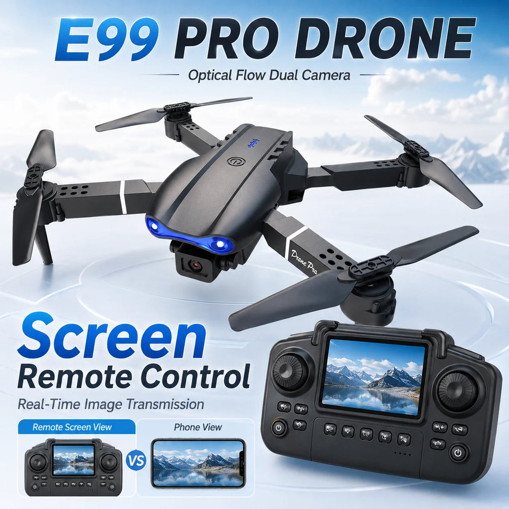 Black E99 Pro Drone with optical flow dual camera, shown with its remote control and text overlays highlighting features like screen remote control and real-time image transmission.