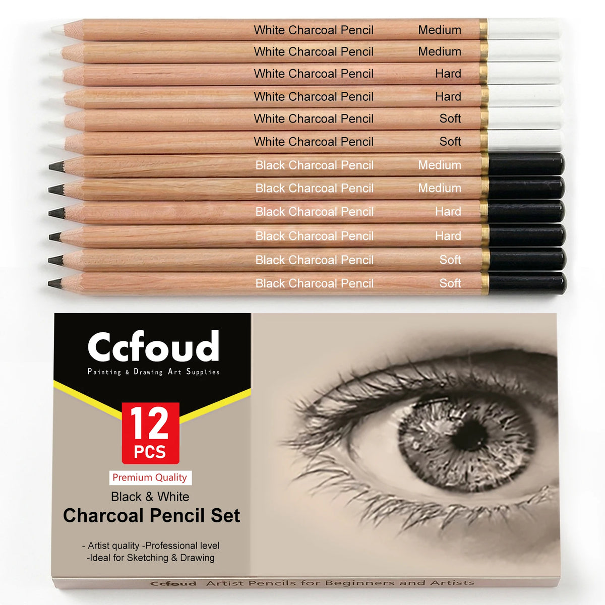 Pro Charcoal Pencils Drawing Set — Black & White, S/M/H Grades