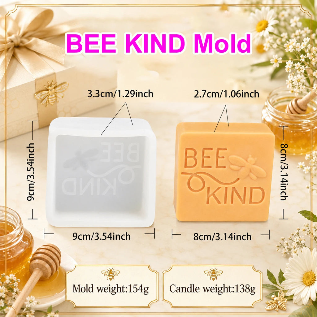 Bee Kind square mold and example casting diagram with separate dimensions and weights