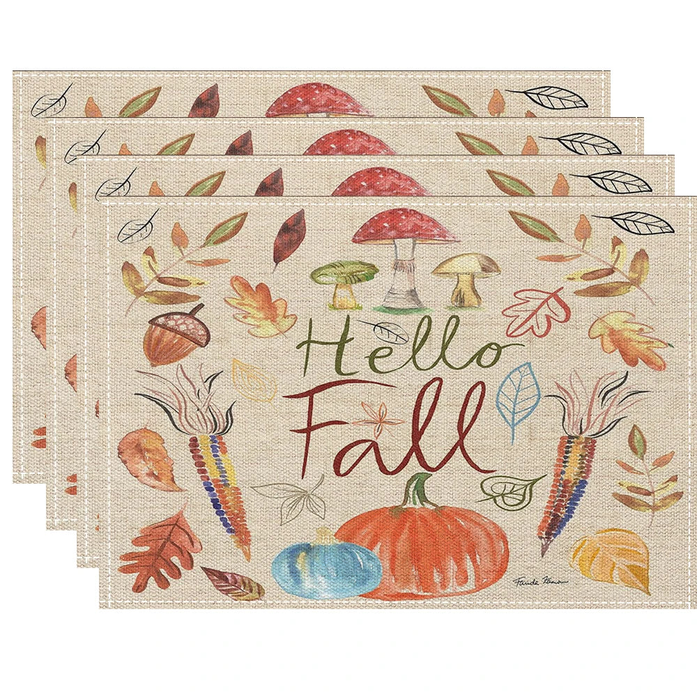 Fall Thanksgiving Linen Placemats, 13 Designs, Sets of 4/6/8, 16.5x12.6 in