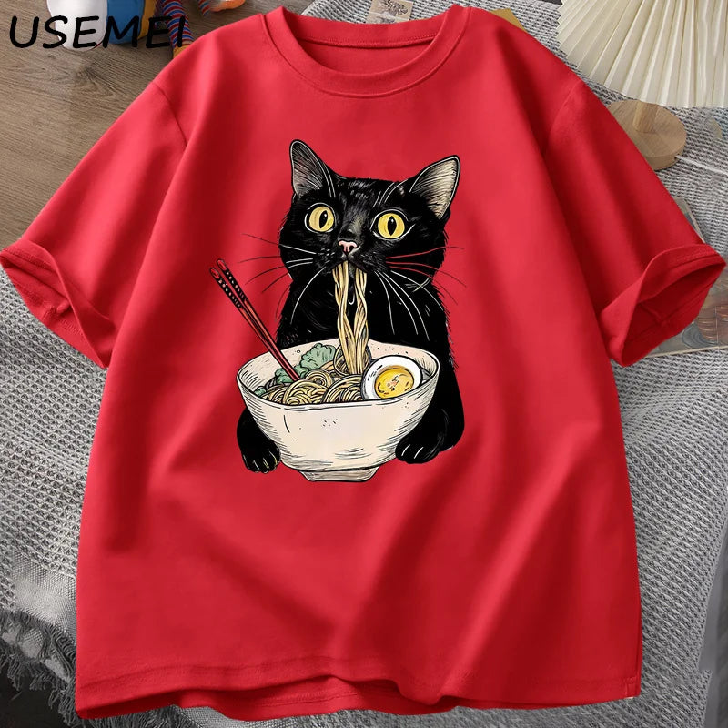 T-Shirt Ramen Cat Graphic Cotton Short Sleeve Funny Black Cat Foodie Tee