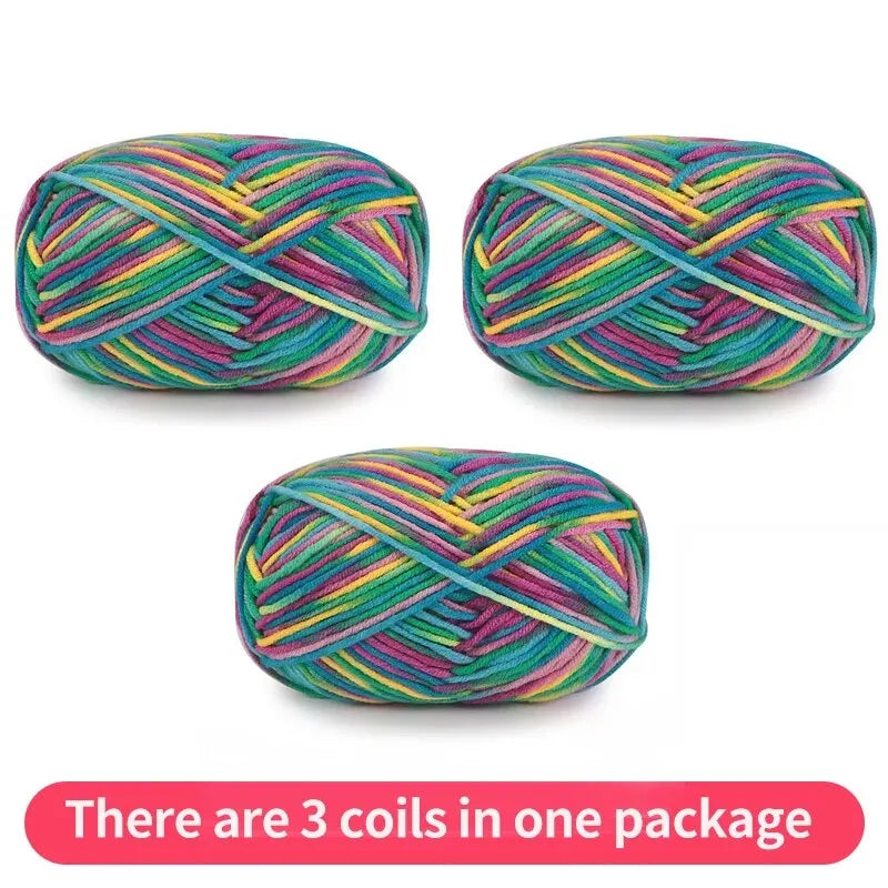 Three variegated yarn skeins in turquoise, green, pink and yellow, shown as one package.