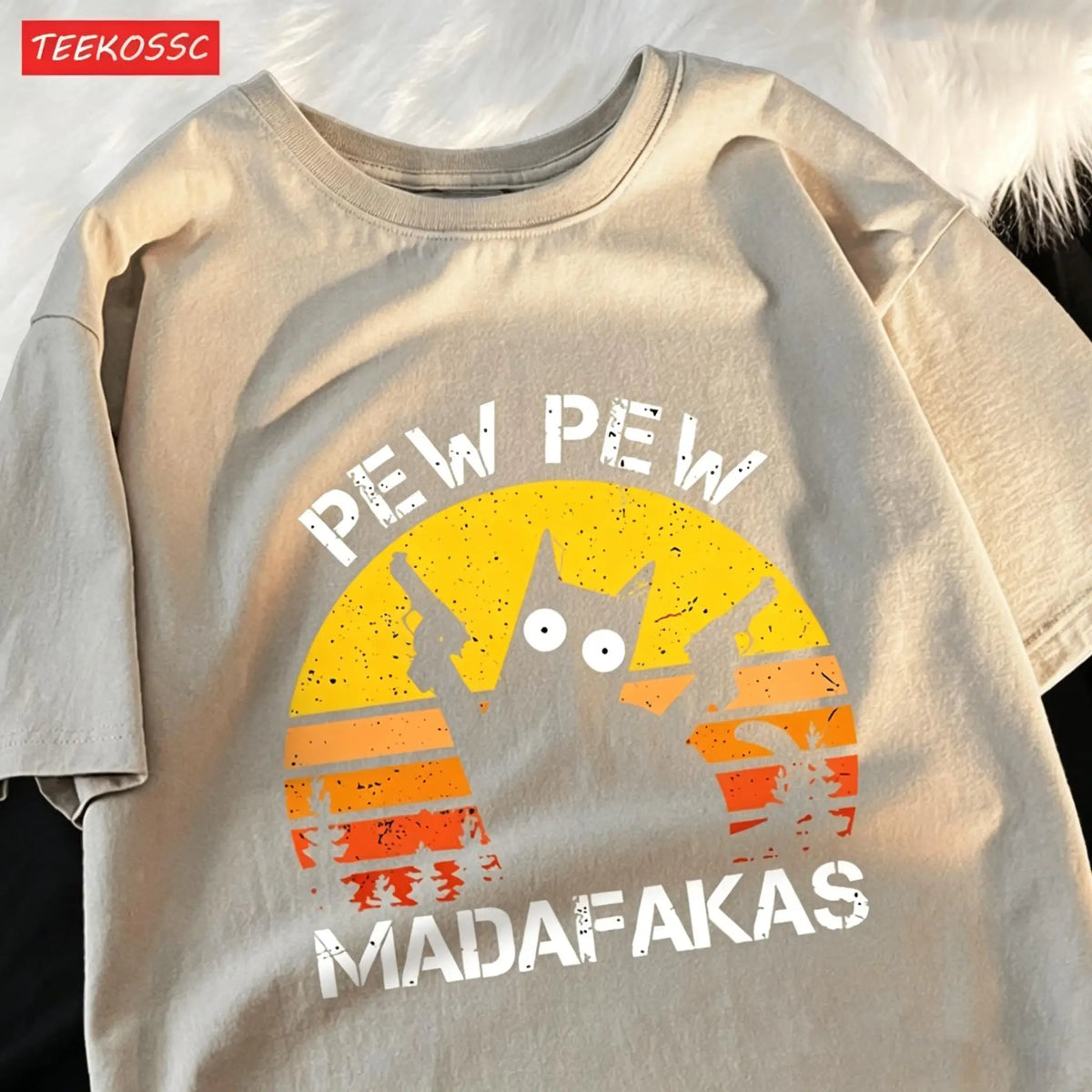 T-Shirt Unisex Pew Pew Madafakas Black Cat Retro Sunset Funny Graphic Tee