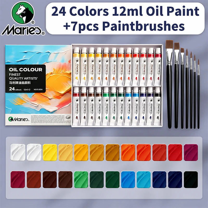 Marie's Oil Paint Set — 24 Colors, 7 Brushes, 12ml Tubes (31 Piece)