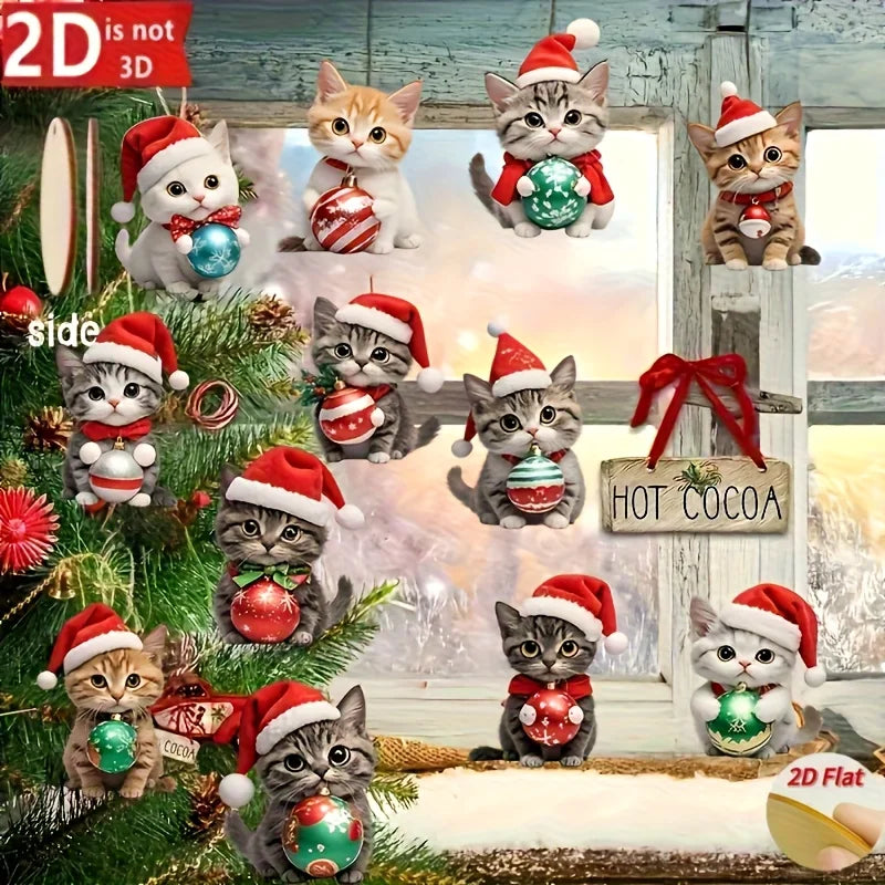 A collage of multiple small kitten figures wearing Santa hats and red holiday scarves, each holding colorful ornaments, arranged around a Christmas tree and a rustic window. Text overlays include '2D is not 3D', 'side', 'HOT COCOA', and '2D Flat', suggesting this is a decorative print or sticker sheet rather than a single physical product photo.