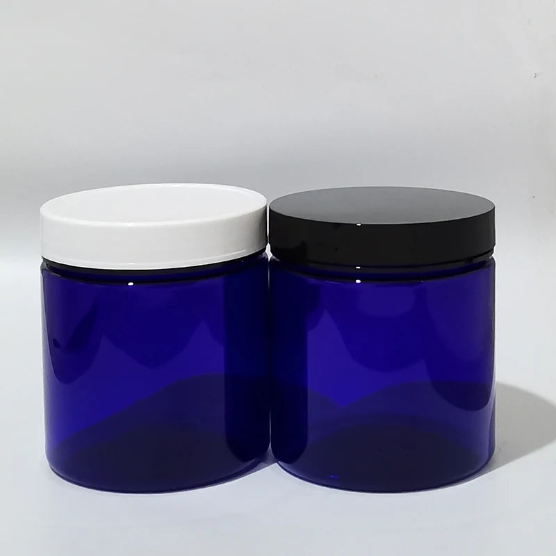 Cosmetic Jars Empty Round PET Blue Clear Black White Lids 12 Pack