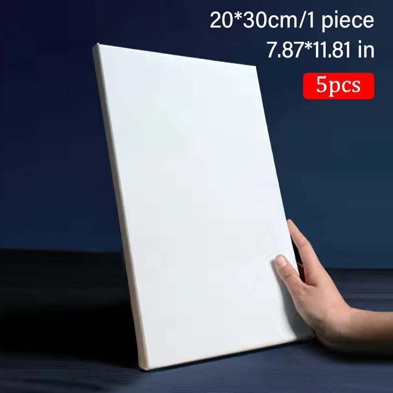 White rectangular canvas held by a hand with dimensions and quantity information on a dark background