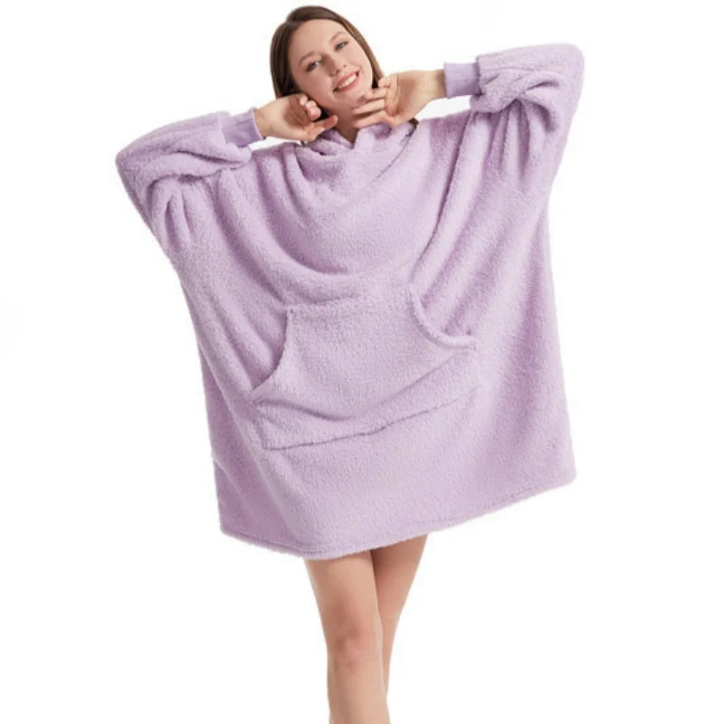 Hooded Sweatshirt Women's Double-Faced Fleece Thick Loose Pullover Pockets Warm