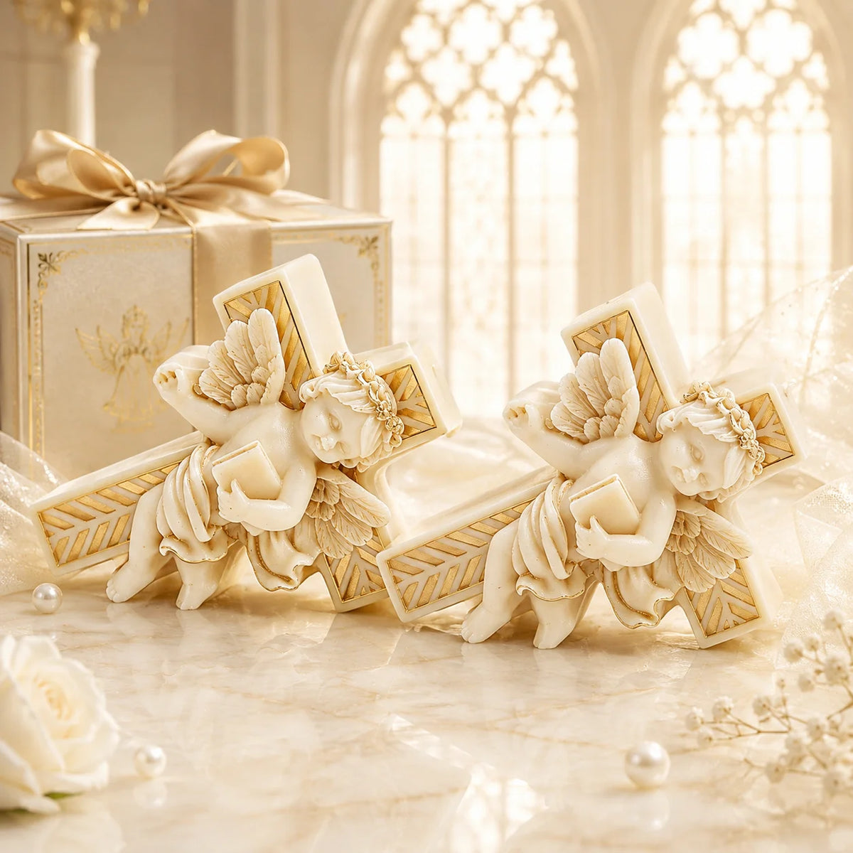 Two reclining cross casting examples with book-holding cherubs and gold-colored accents