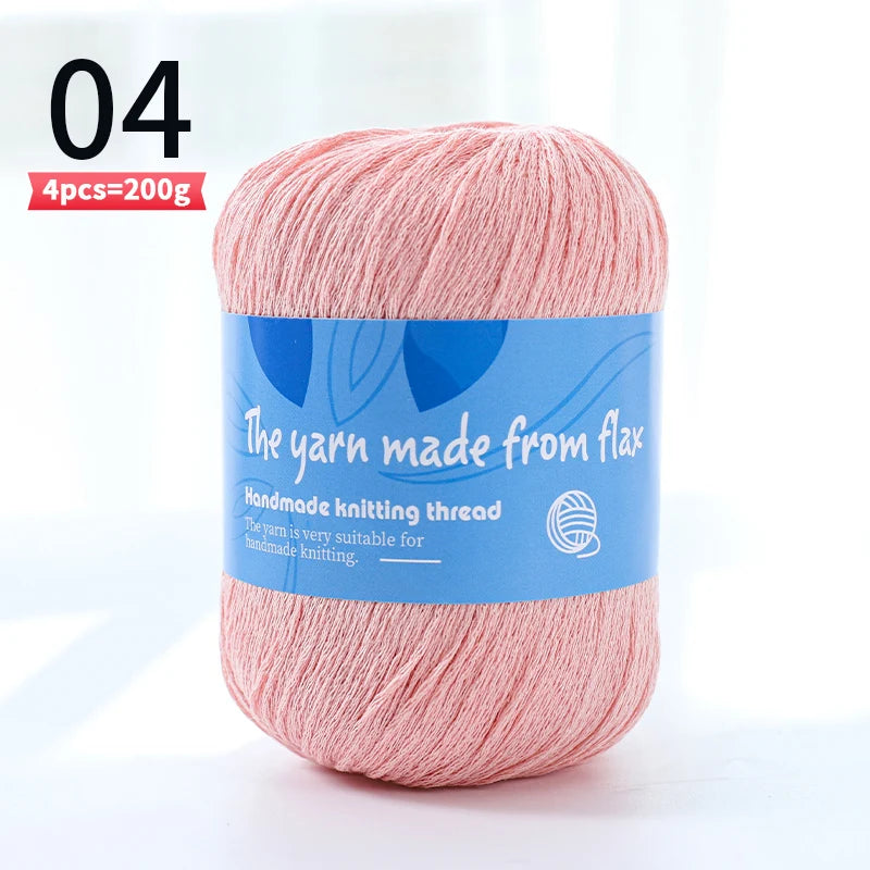 Pink linen lace yarn skein, color code 04, with a blue flax label.