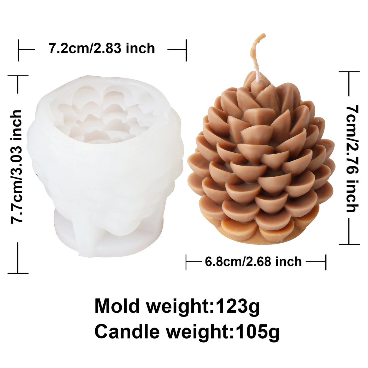 Pine cone Candle mold and a candle made from it with measurements and weight information.