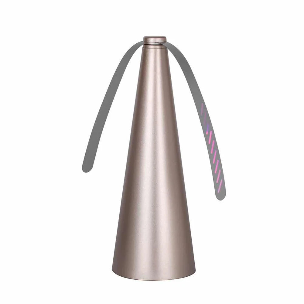 Cone shaped bug | insect | fly fan for table top. Soft blades are plastic and rotate on top to keep bugs and pests away with a USB or batteries available in silver, black or gold.