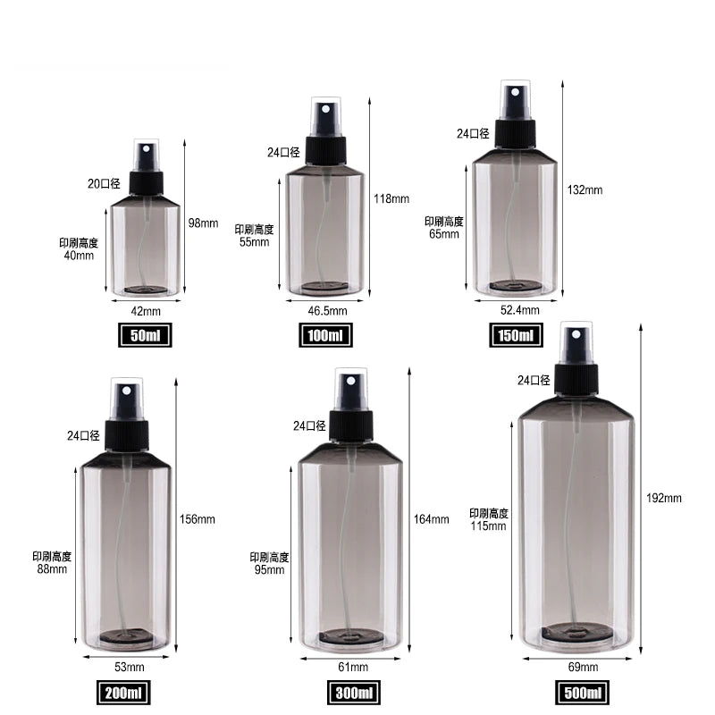 Size diagram for six PET spray bottle capacities with height and diameter measurements