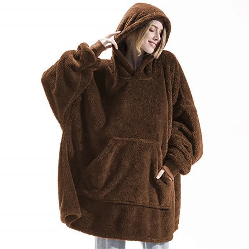 Hooded Sweatshirt Women's Double-Faced Fleece Thick Loose Pullover Pockets Warm