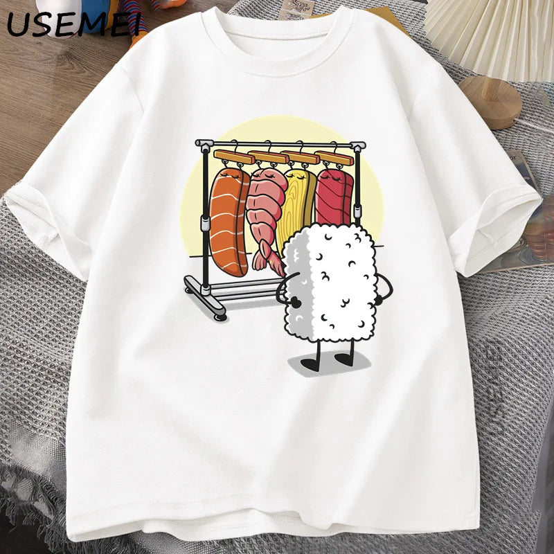 T-Shirt Sushi Wardrobe Funny Rice Ball Graphic Cotton Short Sleeve Unisex Tee