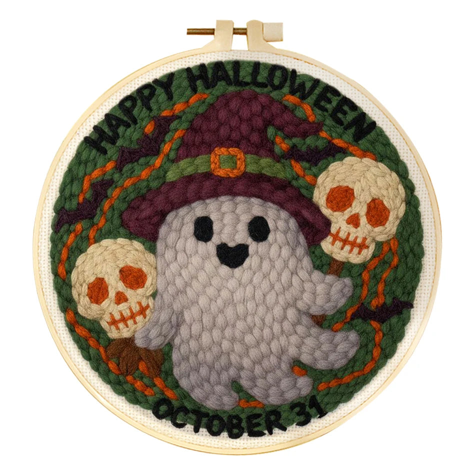 Punch Needle Kit, Halloween Ghost Design with Hoop for Spooky Wall Decor