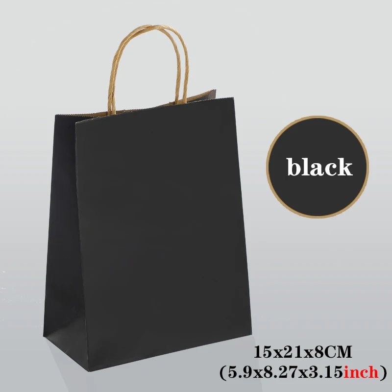 Black  gift bag with brown handle on a light gray background, labeled 'black'.