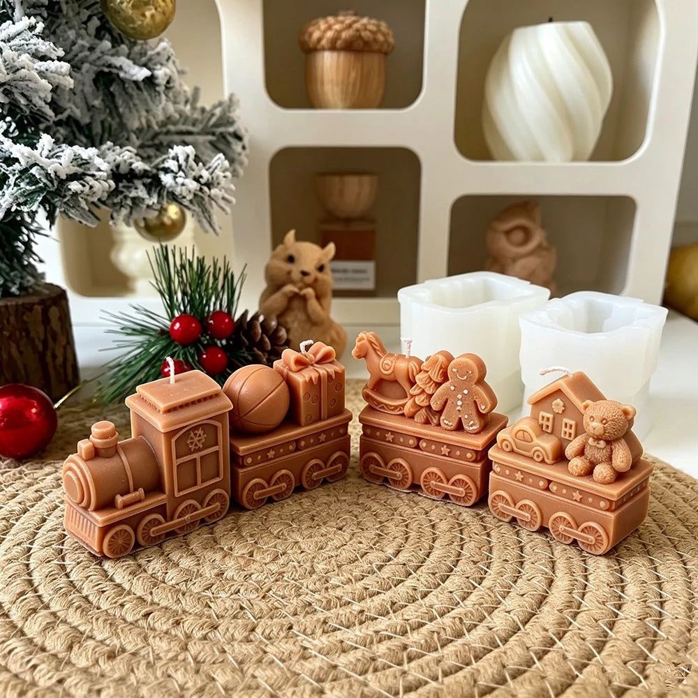3D Christmas Train Silicone Candle Mold, 4 Carriages Bear Gingerbread Man Gift Box Design Soap Mold DIY Xmas Home Decor Gift