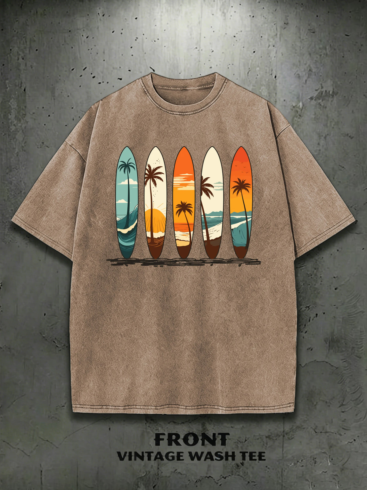 T-Shirt Surfboard Retro Surf Coconut Tree Vintage Wash Graphic Tee