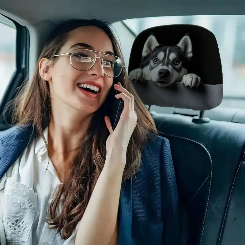 2pcs Husky Dog Print Car Headrest Cover Cute Husky Face Design Easy Installation