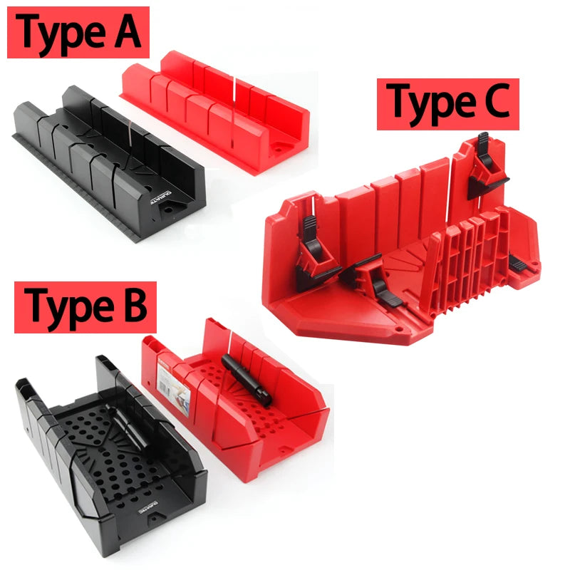 Three plastic wall-mounted miter boxes shown in black and red, labeled Type A, Type B, and Type C on a white background.