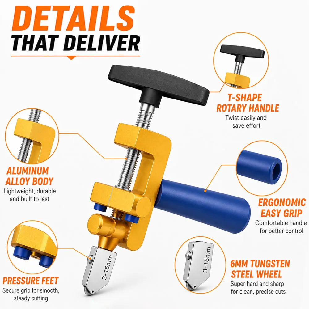 An industrial-style metal clamp tool shown on a white background with callout text and circular insets explaining features such as a T-shaped rotary handle, aluminum alloy body, ergonomic easy grip, pressure feet, and a 6mm tungsten steel wheel.
