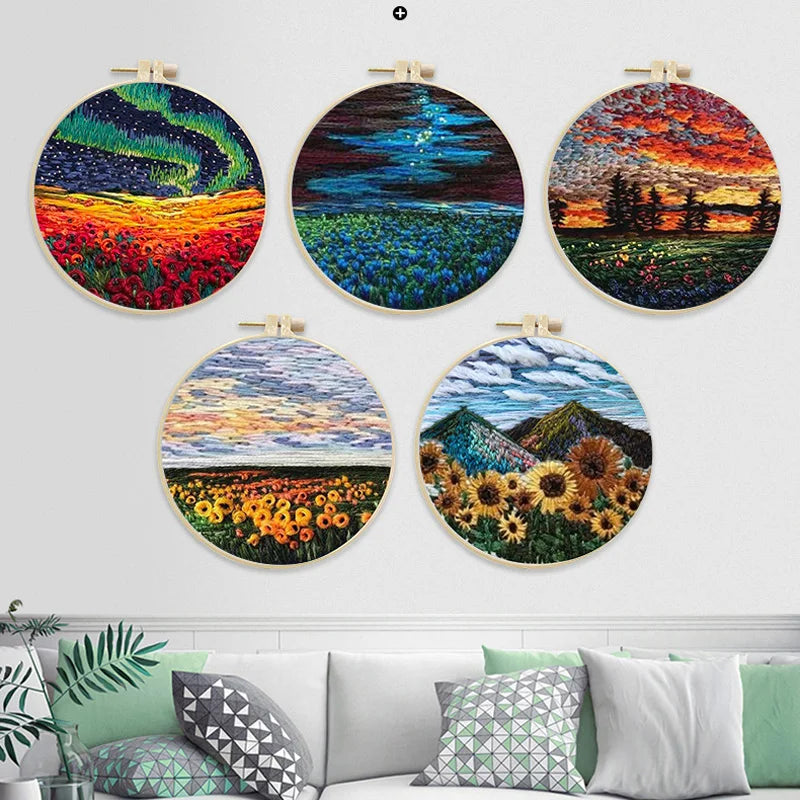 Embroidery Kit, Flower Patterns Without Hoop for Handmade Needlework Art