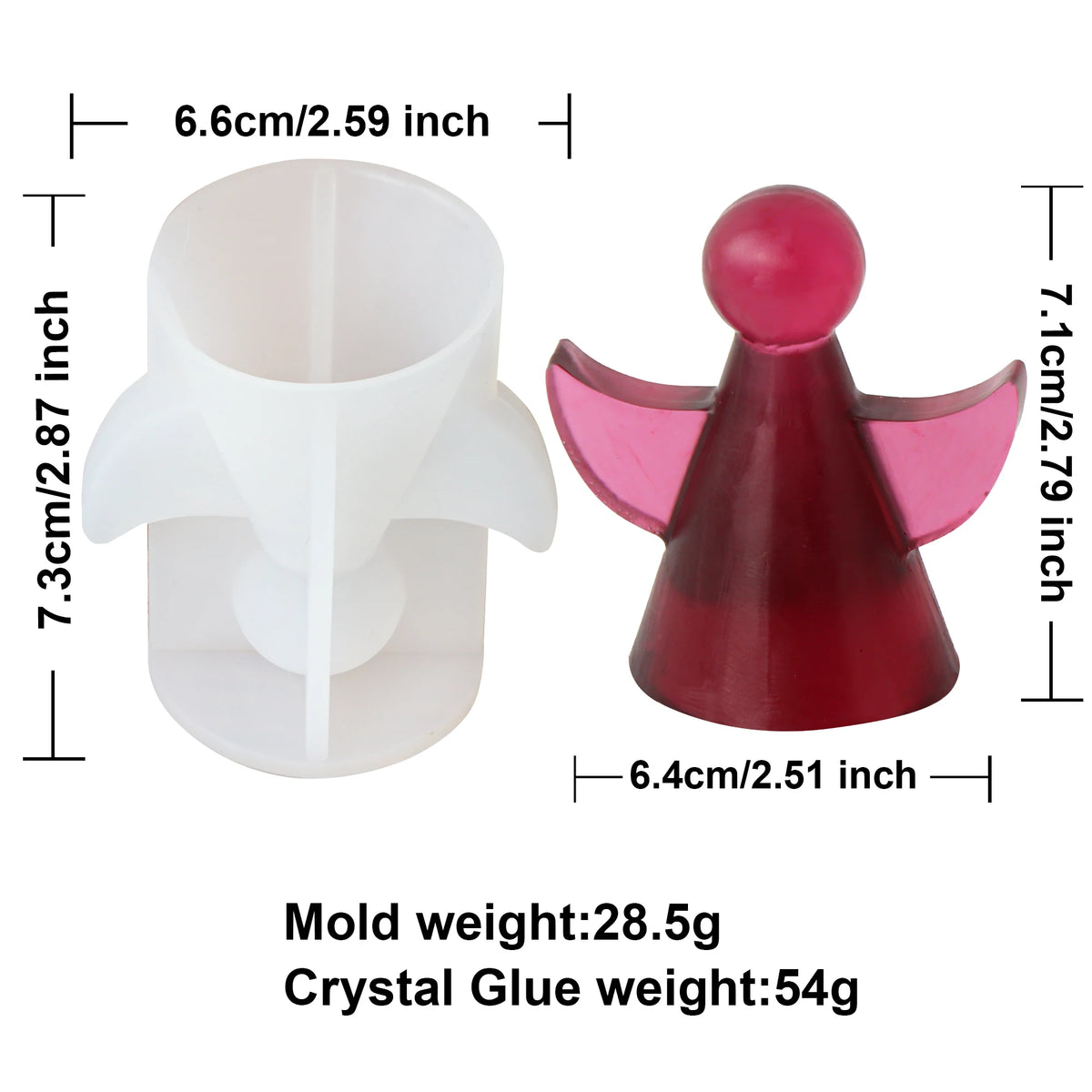 White plastic angel-shaped mold shown next to a finished translucent pink and red angel crystal ornament, with dimension labels and text listing mold weight 28.5g and crystal glue weight 54g.
