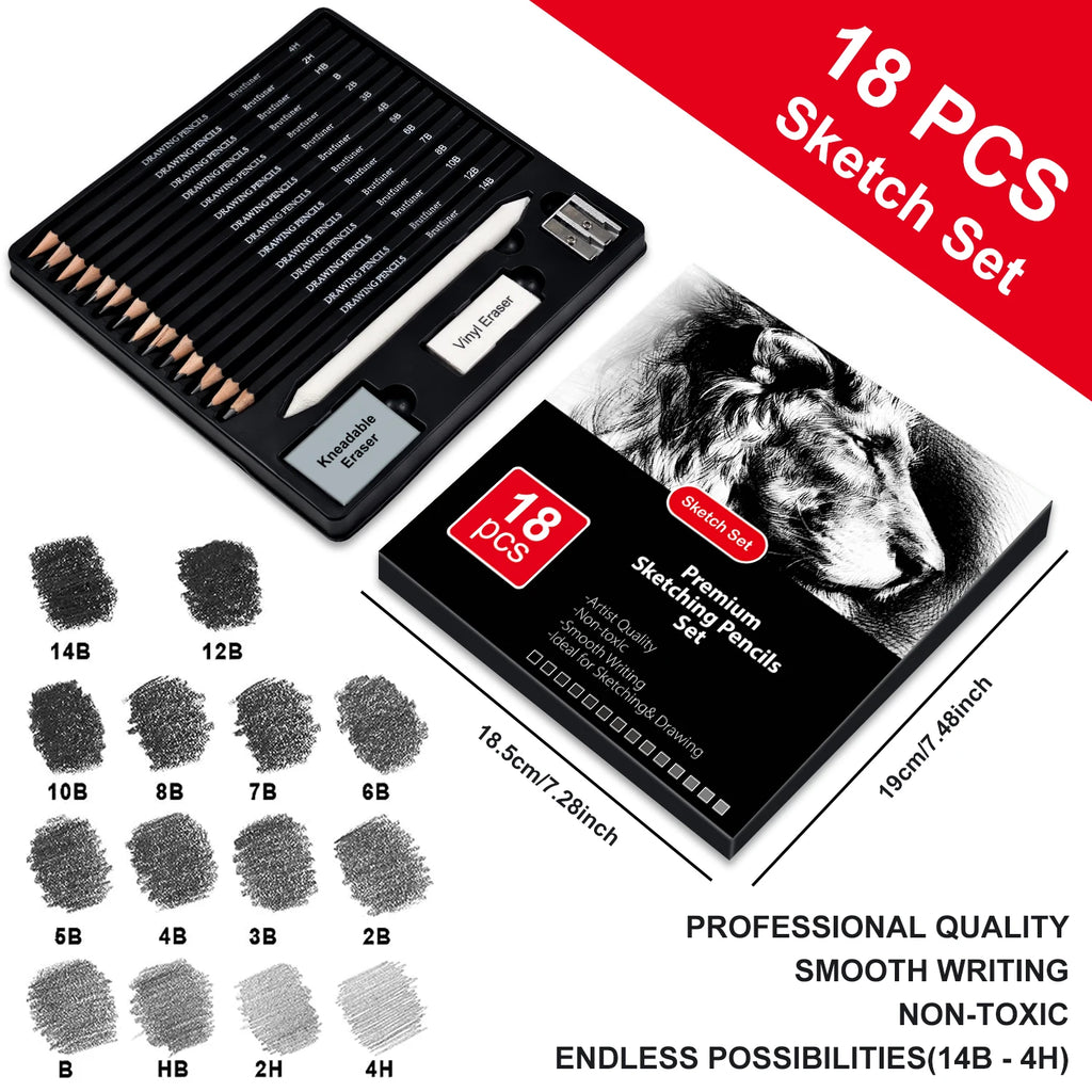 18-Piece Professional Sketch Pencil Set — 5H to 14B, Eraser, Sharpener & Blending Stump