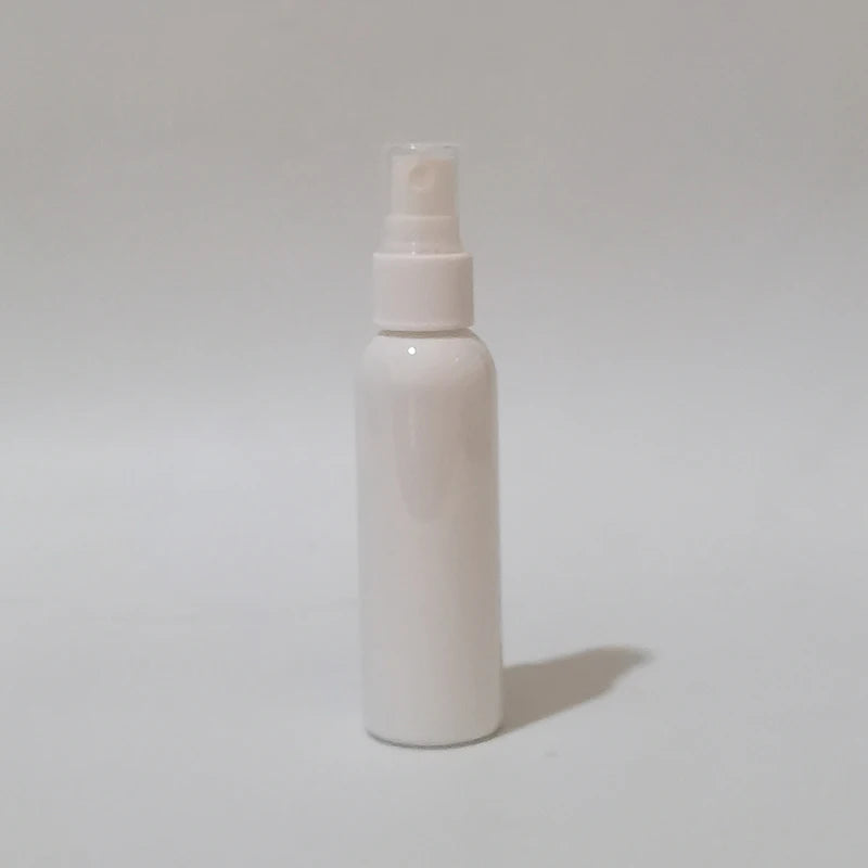 White round spray bottle with white sprayer and clear protective cap