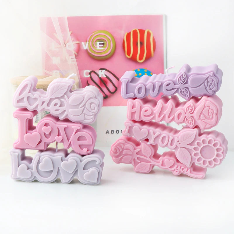 Pink and lavender lettering casting examples with Love, Hello, I love you and rose designs