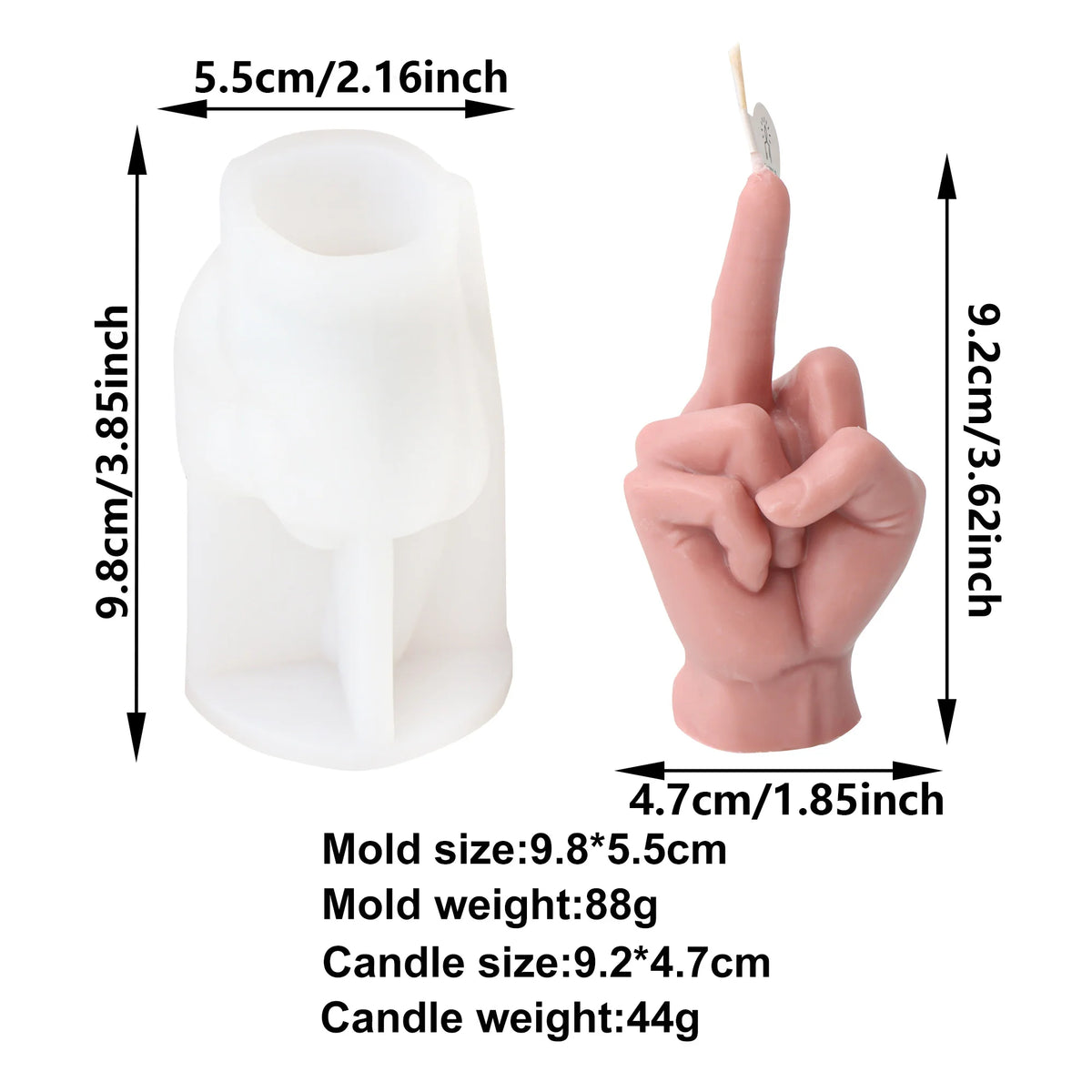 A candle mold and finished candle shown with dimension labels and weight text on a white background. The left side shows a white plastic candle mold measuring 9.