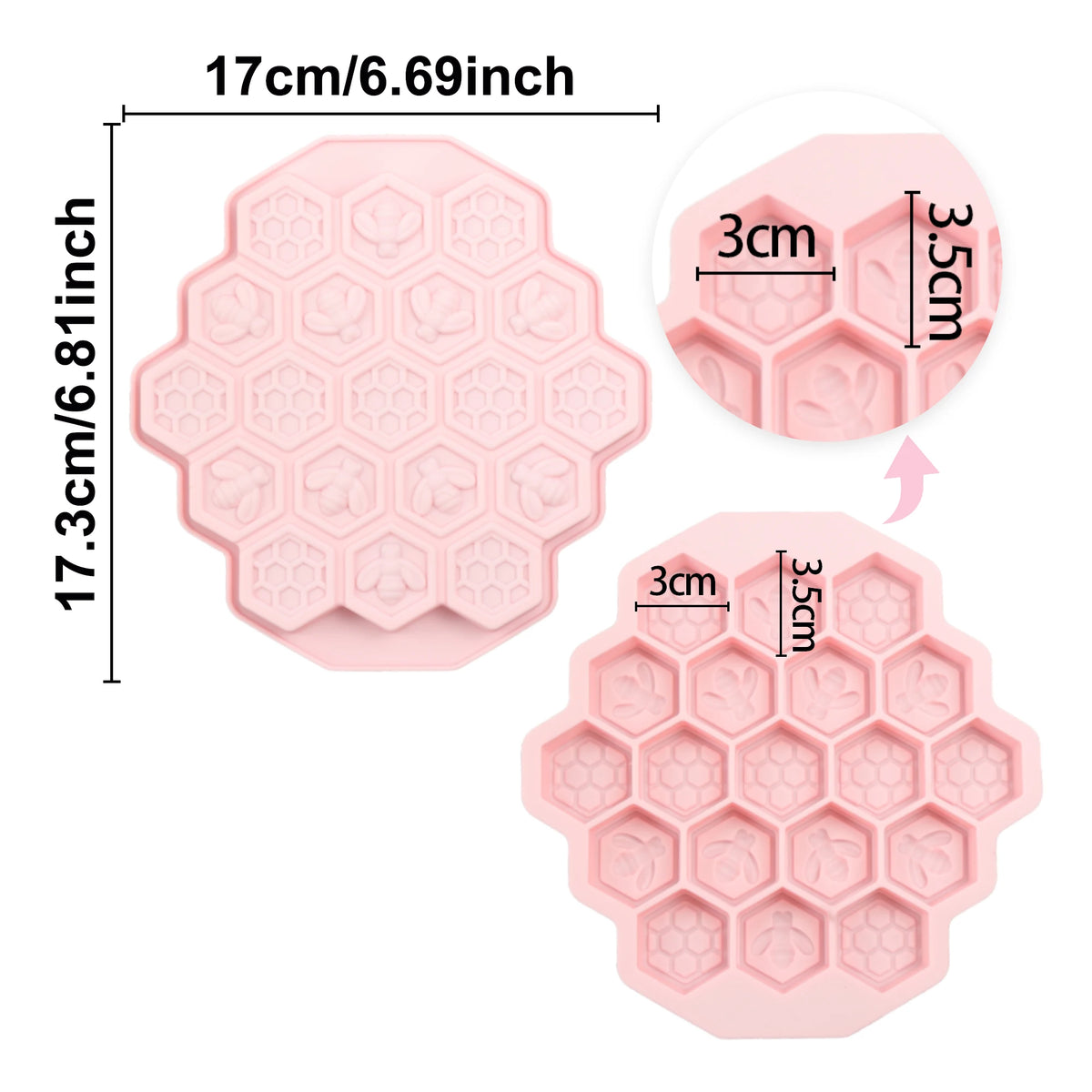 Pink bee and honeycomb mold measurement diagram showing overall tray and individual cavity widths