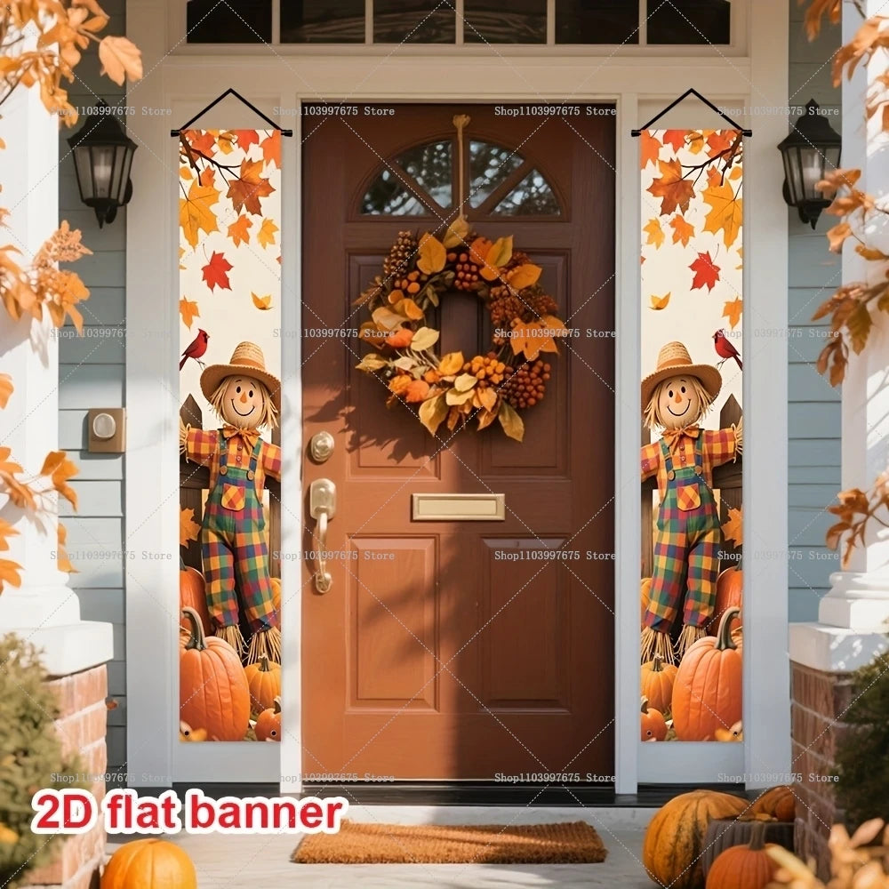 Autumn Pumpkins Maple Leaf Banners Thanksgiving Decorations Couplets Porch Welcome Sign Indoor Outdoor Wall Hanging Banners