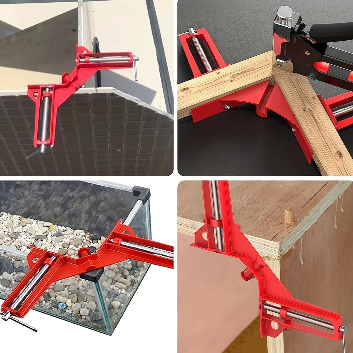 Red clamping tool used on various materials including glass, wood, and concrete.