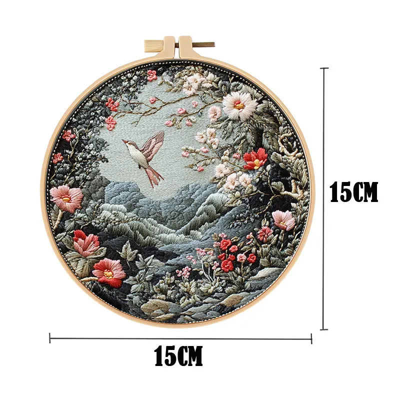 Embroidery Kit, Birds, Animals & Flowers for Handmade Landscape Wall Art