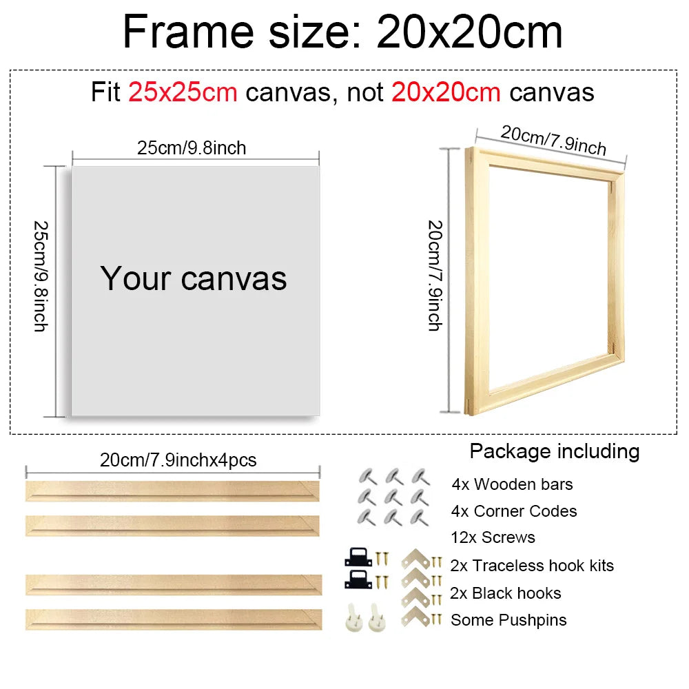 Wooden picture frame with dimensions and package contents listed