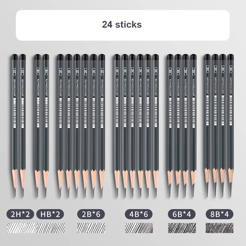Graphite & Charcoal Sketch Pencil Set — 2H to 14B, 12 or 24 Piece