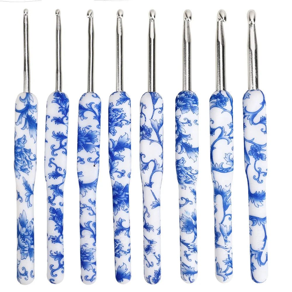Crochet Hooks, Blue & White Porcelain-Style Set for Handmade Yarn Crafts