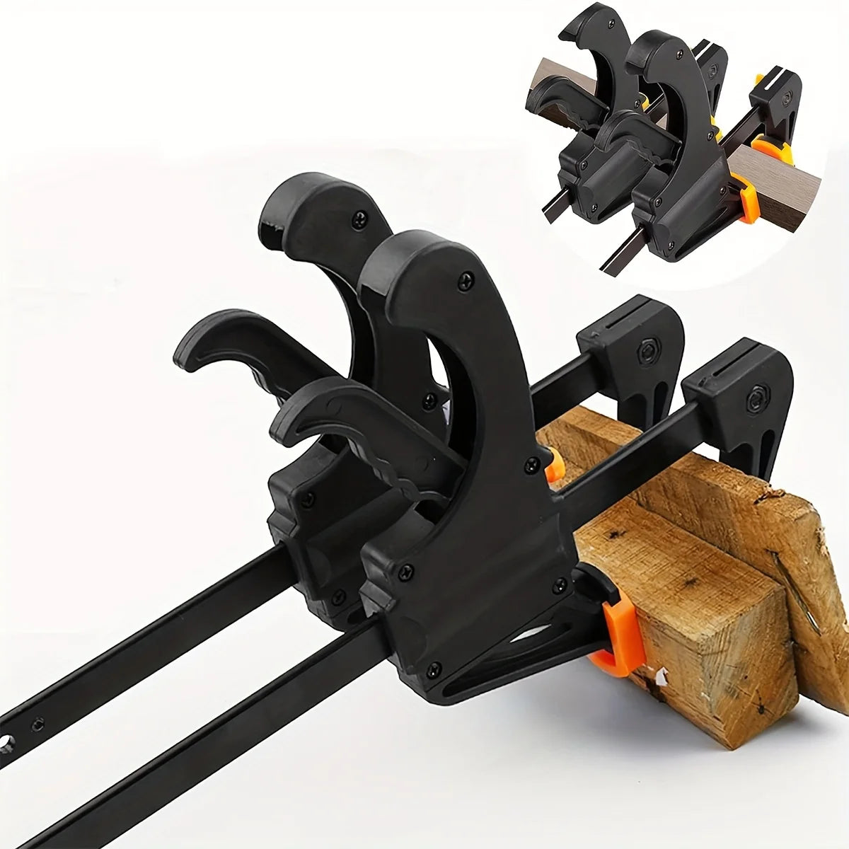 Woodworking clamp holding a piece of wood on a white background
