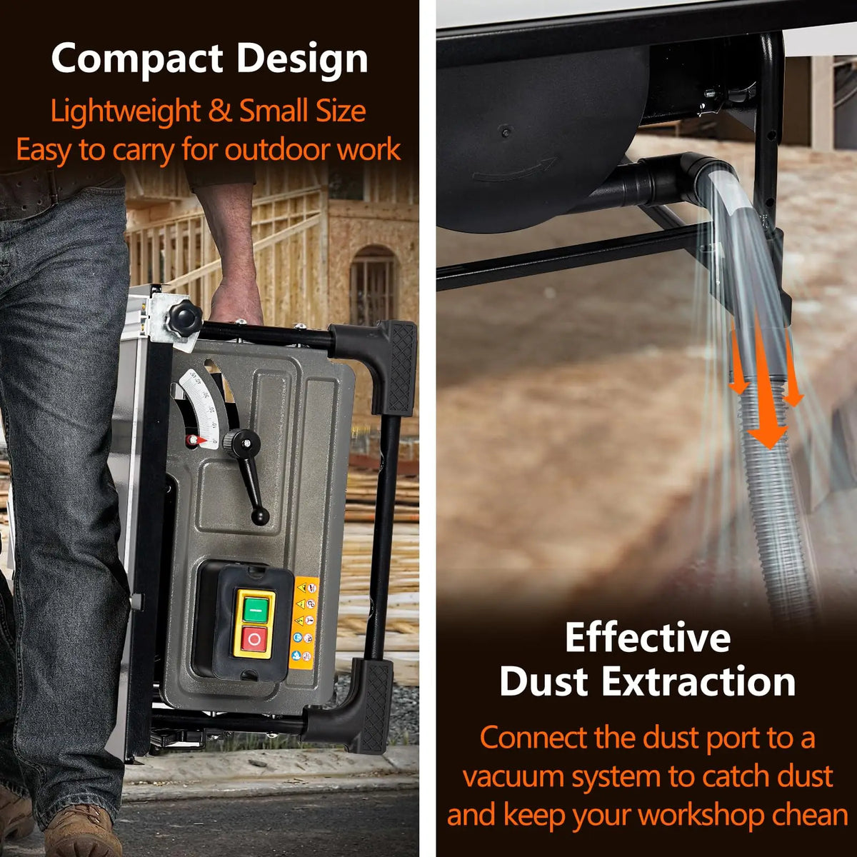 Compact dust extraction system for outdoor work with text highlighting features.