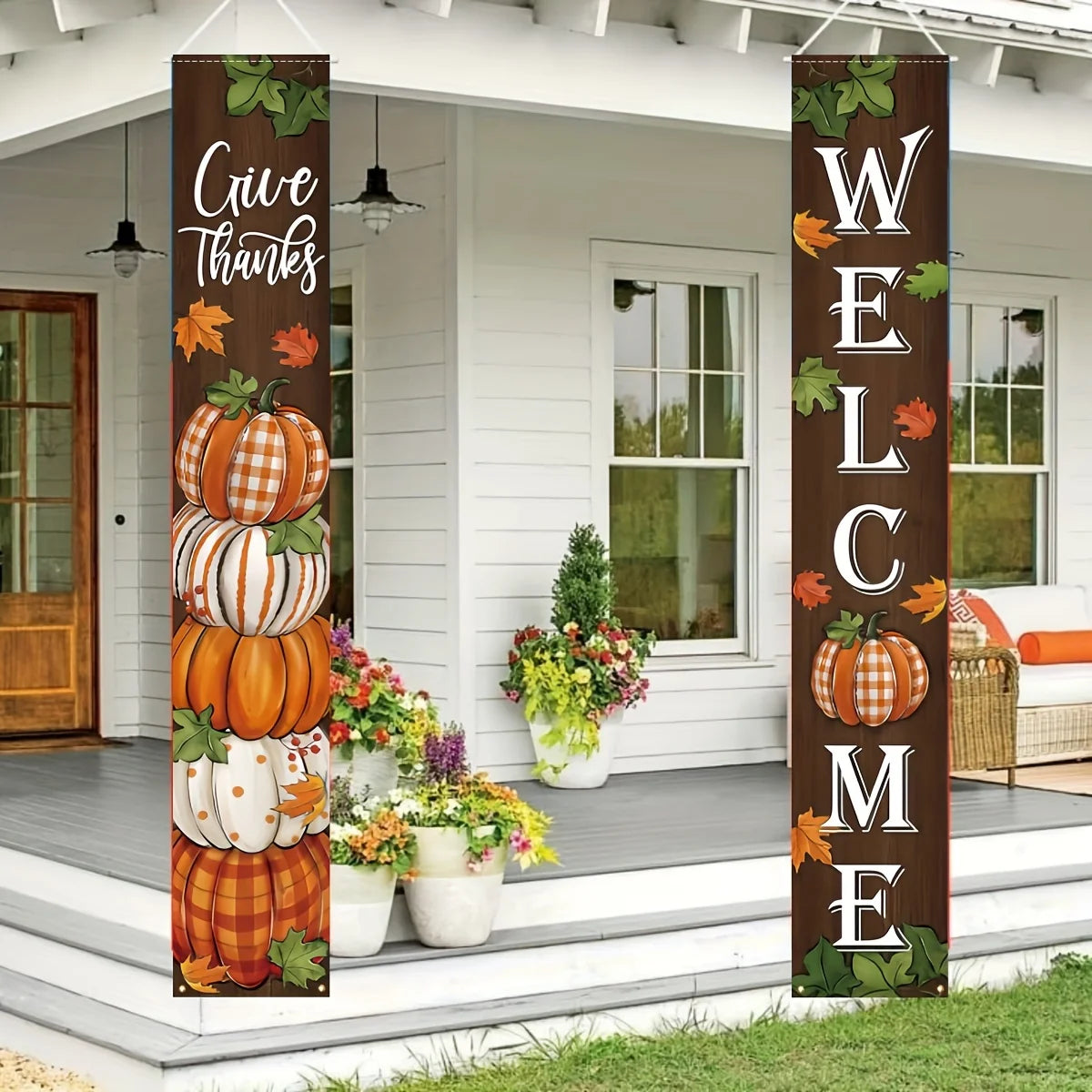Thanksgiving Thankful Porch Banner Fall Pumpkin Maple Leaf Front Door Hanging Welcome Flag Buffalo Plaid Farmhouse Home Autumn