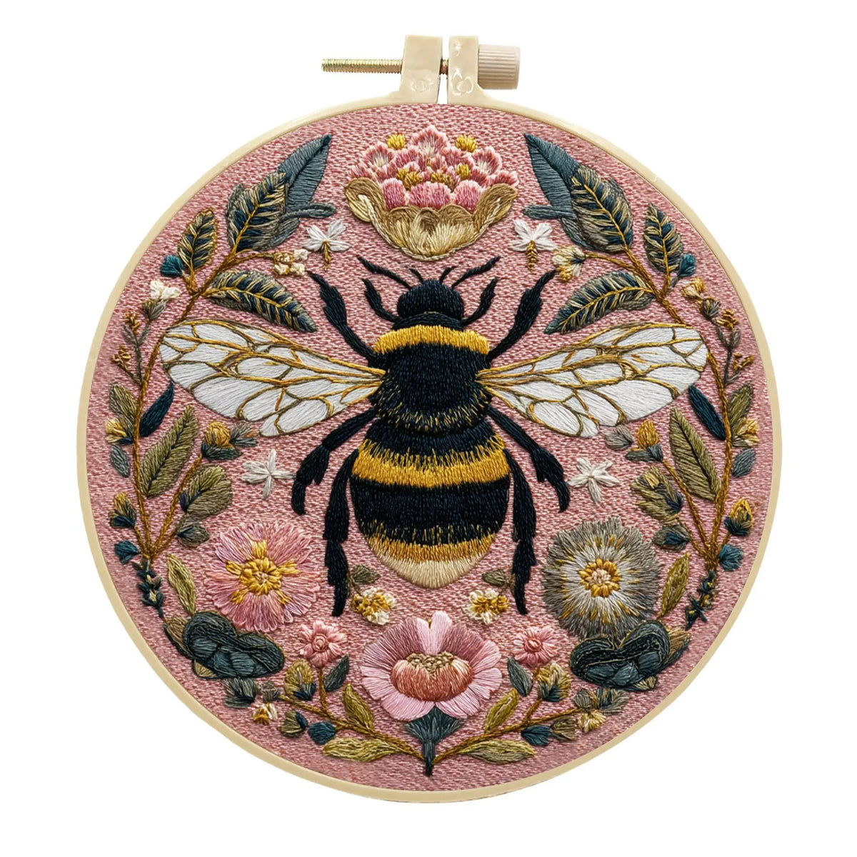 Embroidery Kit, Pink Bee, Flowers, Moon & Stars for Handmade Wall Decor