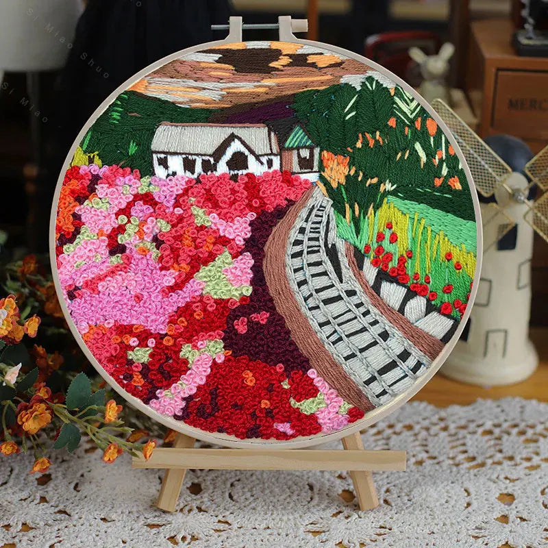 Embroidery Kit, Scenery Patterns with Hoop for Beginner Needlework Crafts