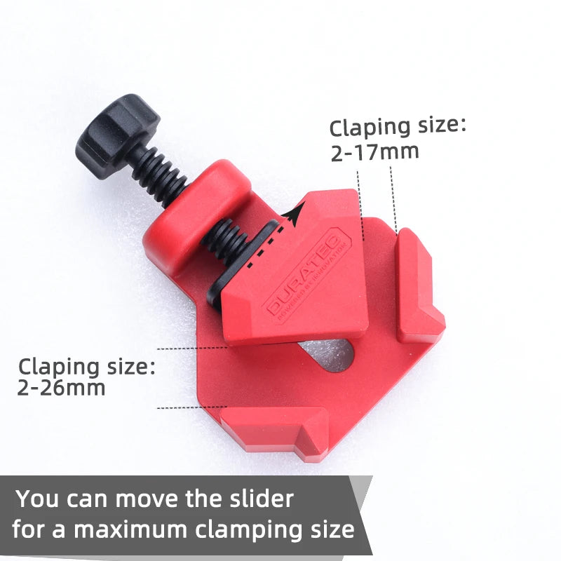 A red and black plastic sliding clamp with adjustable clamping sizes shown on a white background, with text callouts indicating clamping sizes and a note that the slider can be moved for a maximum clamping size.